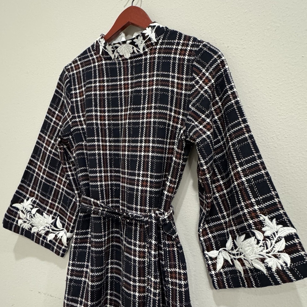 Fanm Mon Layla Tweed Mini Dress Size Small Mock Neck Blue Plaid Embroidered - Picture 3 of 15